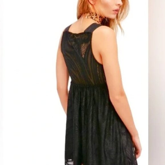 Free People Placed Lace Mini Fit Flare Slip Dress Black Size S - Picture 2 of 11